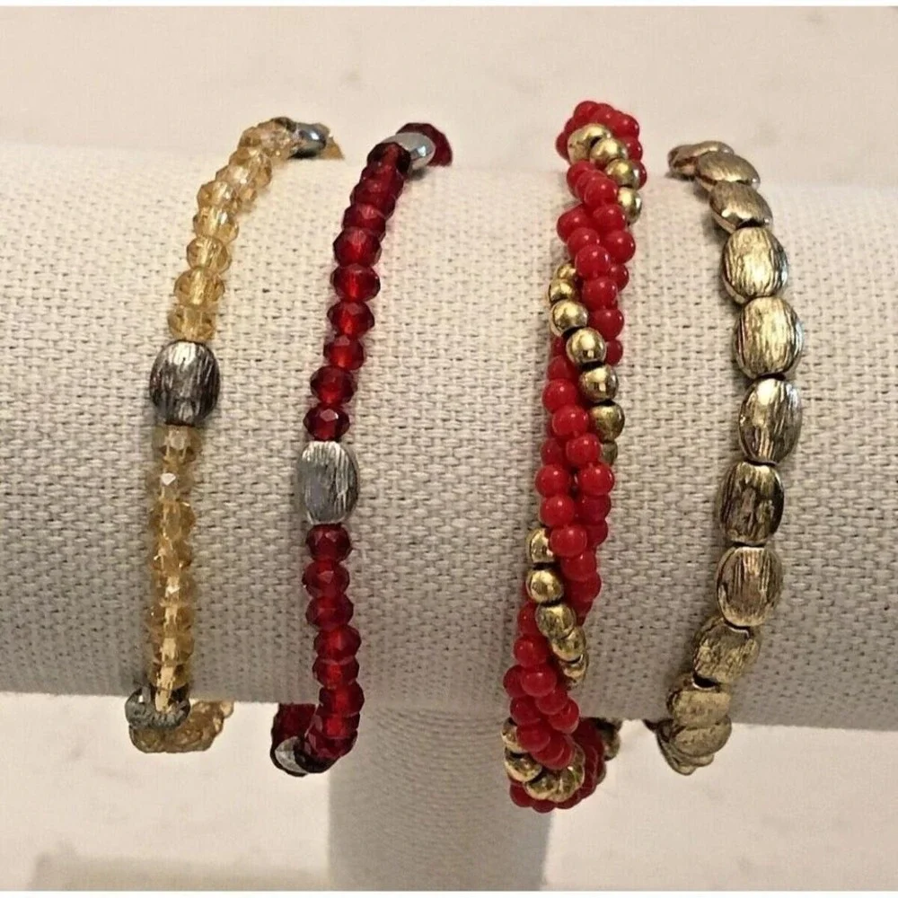 4pc‎ Beaded Bracelet Set Red Gold Rhinestone Stackable Boho Stretch Jewelry